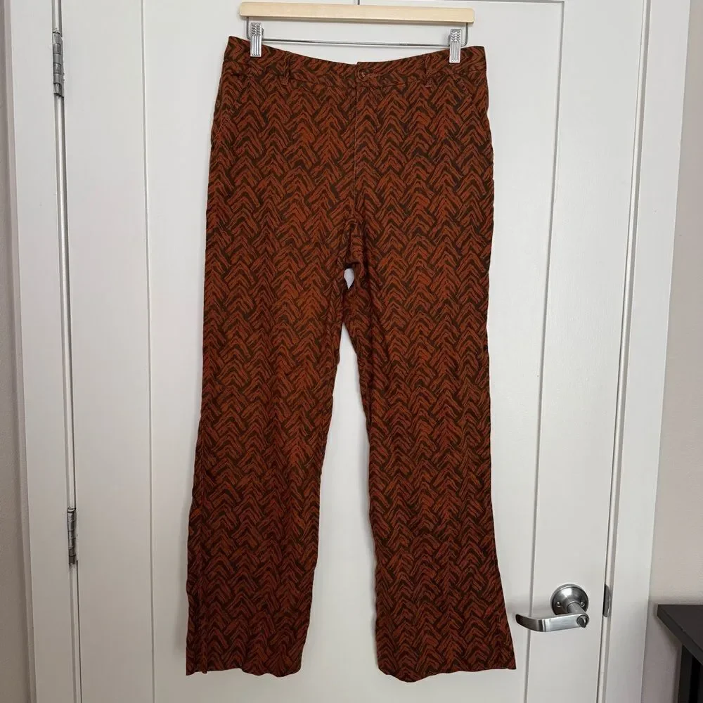Garnet Hill Pants Womens Sz 8 Orange Rust 100% Linen Chevron Print Wide Leg Boho